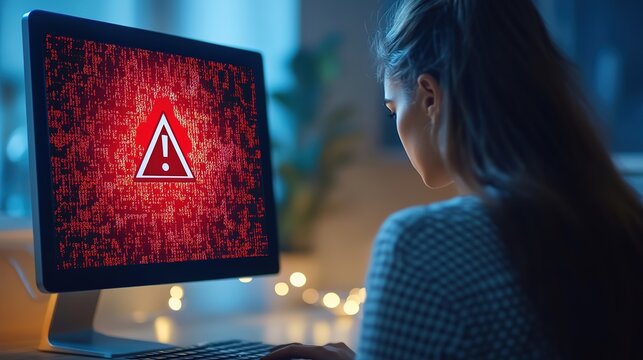 A woman sits in front of a computer screen displaying a red error message with an exclamation point. The error is a serious problem.