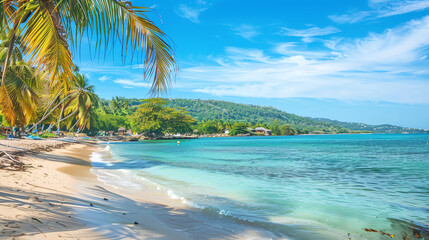  beach with clear blue water and palm trees