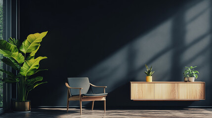 Modern interior design showcasing a wooden sideboard, potted plants, and a cozy chair in a sunlit room