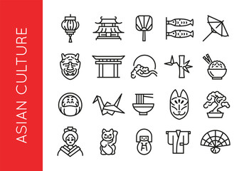 Asian Culture icons. Set of 20 Asian Culture trendy minimal icons. Example: Lantern, Temple, Uchiwa Fan, Fish, Umbrella. Design signs for web page, mobile app, packaging design. Vector illustration.