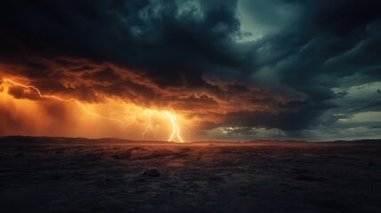 A stormy sky with heavy clouds, over a vast, empty terrain, illuminated by a lightning strike.