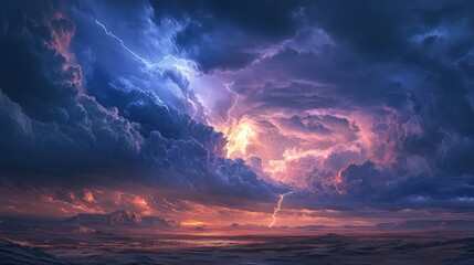 A stormy sky with heavy clouds, over a vast, empty terrain, illuminated by a lightning strike.