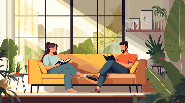 Couple reading books on a cozy yellow sofa in a sunlit living room surrounded by indoor plants
