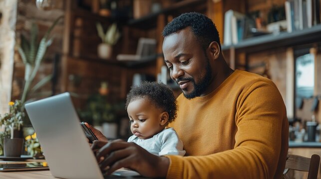 A father works on his laptop while holding his toddler son. The little boy is looking at a phone. The father's yellow sweater and the warm lighting create a cozy and loving atmosphere. They are enjo
