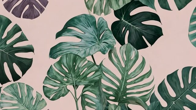A repeating pattern of stylized tropical leaves in pastel shades&mdash;mint green, blush pink, and soft lavender&mdash;on a light neutral background, creating a fresh, tropical design for a relaxing wallpaper