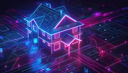 IoT device management, holographic encryption, advanced smart home, neon accents