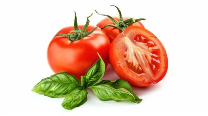 Fototapeta premium Fresh Red Tomatoes with Green Basil Leaves
