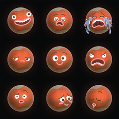 Obraz premium Funny cartoon illustration of Mars with different expressions. Smiling surprised crying sad happy angry confused blushing sleeping faces emojis. Flat colors