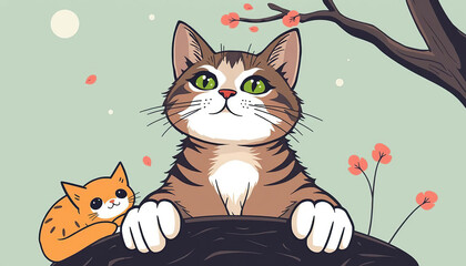 A cartoon cat is sitting on a white background