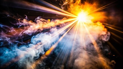 Obraz premium A vibrant explosion of light beams and smoke, symbolizing energy, creation, mystery, hope, and the unknown.
