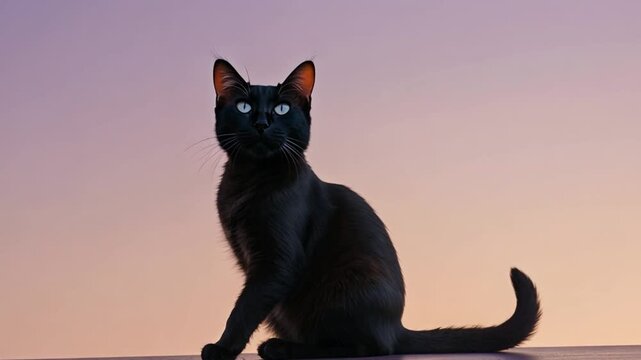 A black cat silhouette sitting gracefully against a pastel gradient background of light peach to lavender, creating a minimalistic and elegant design for a calm, cute phone wallpaper.