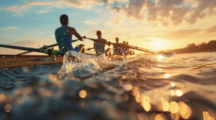 Rowing team rowing in a boat on a lake, the sun setting in the distance with a water splash in the foreground.