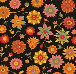 A vibrant traditional folk art pattern of colorful flowers on a dark black background.