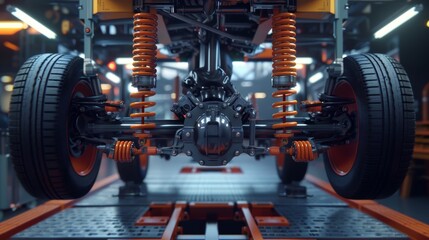 Fototapeta premium 3D Render of Car Suspension System Highlighting Shock Absorption and Stability Mechanism