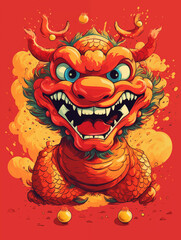 Fierce Red Dragon Head Breathing Fire With Fiery Background In A Cartoon Illustration