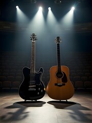 Obraz premium Spotlight on Stage: Acoustic and Electric Guitars in Concert Hall