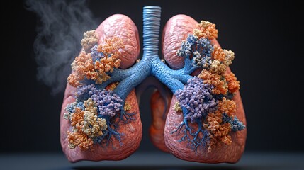 Naklejka premium 3D Lungs with Chronic Bronchitis: A high-quality model showing the chronic inflammation of the bronchial tubes in bronchitis.
