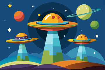 Three Flying Saucers in a Starry Night Sky