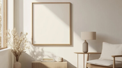 Minimalist interior design featuring a framed artwork area with a vase, lamp, and comfortable chair in soft natural light