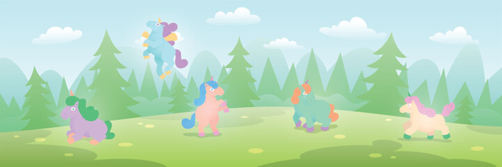 Colorful cartoon vector illustration of unicorns at enchanted forest field. Cute beautiful fantasy horse ponies with horns. Flat pastel colors