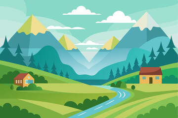 Two Cottages in a Mountain Valley with a Winding River