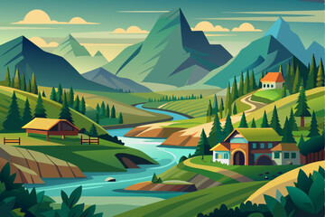 Picturesque Mountain Valley with Winding River and Houses