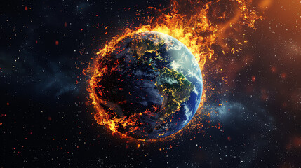 Earth on fire, with flames engulfing the planet in a space setting