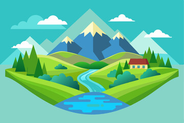 A Mountainous Landscape with a River, a House, and Trees