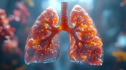 3D Human Lungs with Cystic Fibrosis: A realistic depiction of lungs affected by cystic fibrosis, with mucus buildup in the airways.