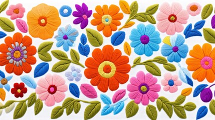 Vibrant Mexican embroidery featuring colorful flowers and leaves in shades of orange, pink, blue, and green.