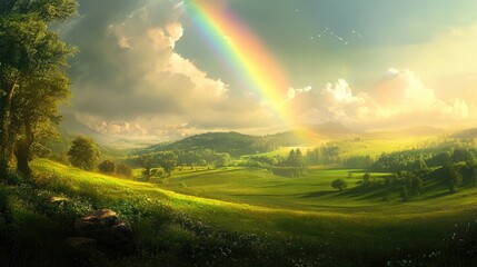 Obraz premium A tranquil landscape with a brilliant rainbow, arching over fields of green, creating a serene and colorful environment full of natural beauty.