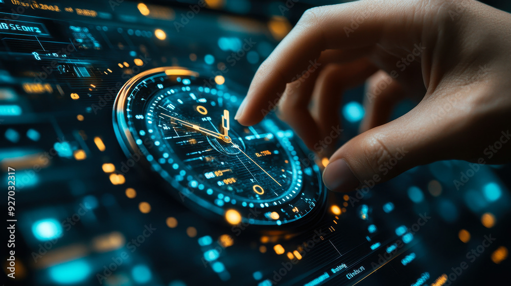 Poster businessman touching virtual time management icon for efficient work planning, illustrating project 