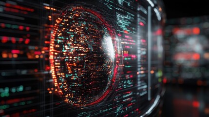 Obraz premium A glowing digital sphere surrounded by complex data visualizations, representing advanced technology, big data analysis, and futuristic computing.