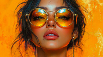 Modern Pop Art Portrait of Stylish Woman in Golden Sunglasses on Bright Orange Background with...