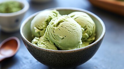 Close-up of green tea ice cream scoops in a bowl.