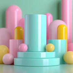Fototapeta premium An abstract composition in vibrant pastel tones, featuring smooth geometric forms and spheres, offering a playful, contemporary, and minimalist look.