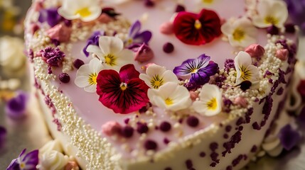 20. "A close-up of a delicious heart-shaped cake with intricate decorations and edible flowers