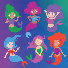 Cute cartoon vector illustration of colorful mermaids. Beautiful fun fantasy girl characters swimming underwater. Hair floating. Flat colors