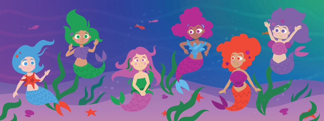 Cute cartoon vector illustration of colorful mermaids. Beautiful fun fantasy girl characters swimming underwater. Hair floating. Seafloor background. Flat colors