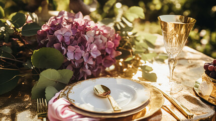 Naklejka premium Wedding or formal dinner holiday celebration tablescape with hydrangea flowers in the English countryside garden, table setting and wine, floral table decor for family dinner party, home styling