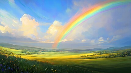 Obraz premium A vibrant rainbow stretching across the sky, casting its colors over rolling green fields, evoking a sense of peace and beauty in the natural world.
