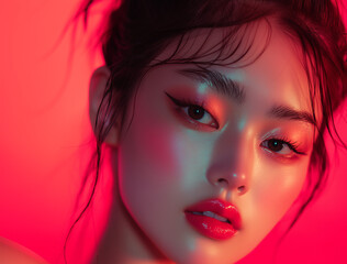 Fototapeta premium portrait of asian woman with red makeup in neon light on red background