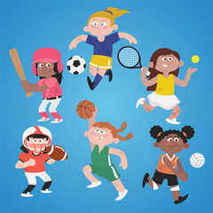 Cute cartoon illustration of girls doing sports. Kids playing baseball soccer tennis football basketball volleyball. Outdoors exercise fun. Flat colors