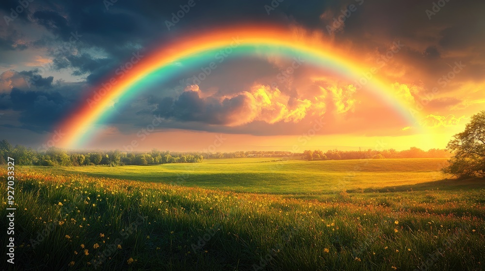 Canvas Prints A vibrant rainbow stretching across the sky, casting its colors over rolling green fields, evoking a sense of peace and beauty in the natural world.