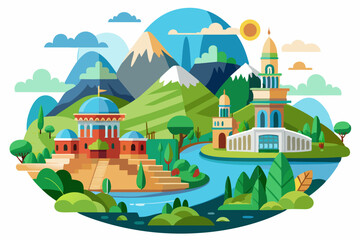 A Pictorial Representation of a Cityscape With Mountains and a River
