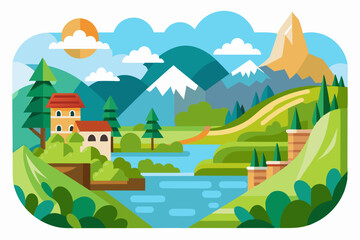 Fototapeta premium A Small House with a Mountainous View and Winding River