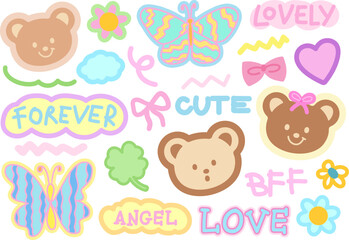 Fototapeta premium Pastel illustration of teddy bear, butterfly, flowers, pink ribbon, heart, clover leaf for animal, zoo, souvenir shop, cute patches, kid doll, emoji, shirt print, font, typography, angel text, message