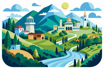 A Winding River Flows Through a Picturesque Village Surrounded by Mountains