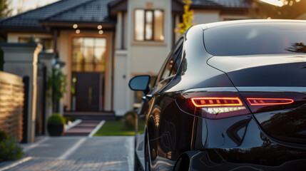 Modern Black Sedan with Sleek Taillights Parked in Elegant Suburban Neighborhood