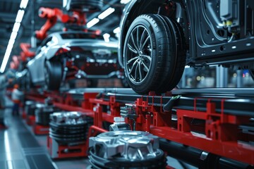 Fototapeta premium Automated Car Assembly Line with Robotic Arm Installing Tires in Modern Factory Setting